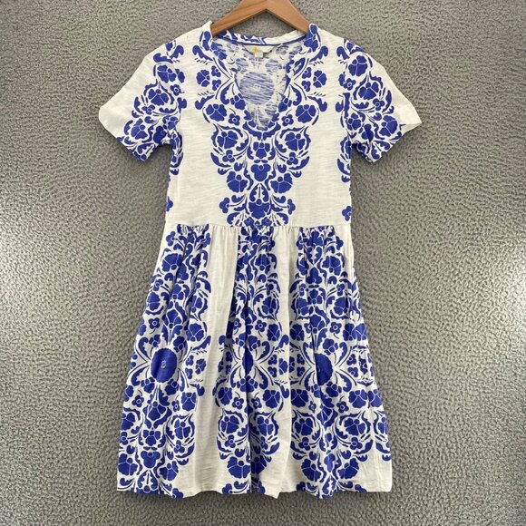 Boden Dress Womens 2 Blue Floral Tshirt Notch Neck Mini Short Sleeve Slub Knit* - Picture 1 of 12